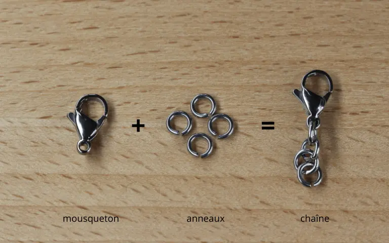 Un mousqueton plus quatre anneaux ouverts donnent une chaîne en inox 316L. Les différentes parties et la chaîne sont photographiées sur du bois.