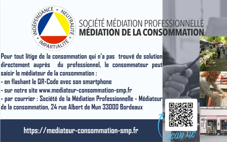 Parmi les Conditions Générales de Vente sont affichées les coordonnées de l'entité de médiation à saisir en cas de litige. Figurent un QR code, le site internet et l'adresse postale.