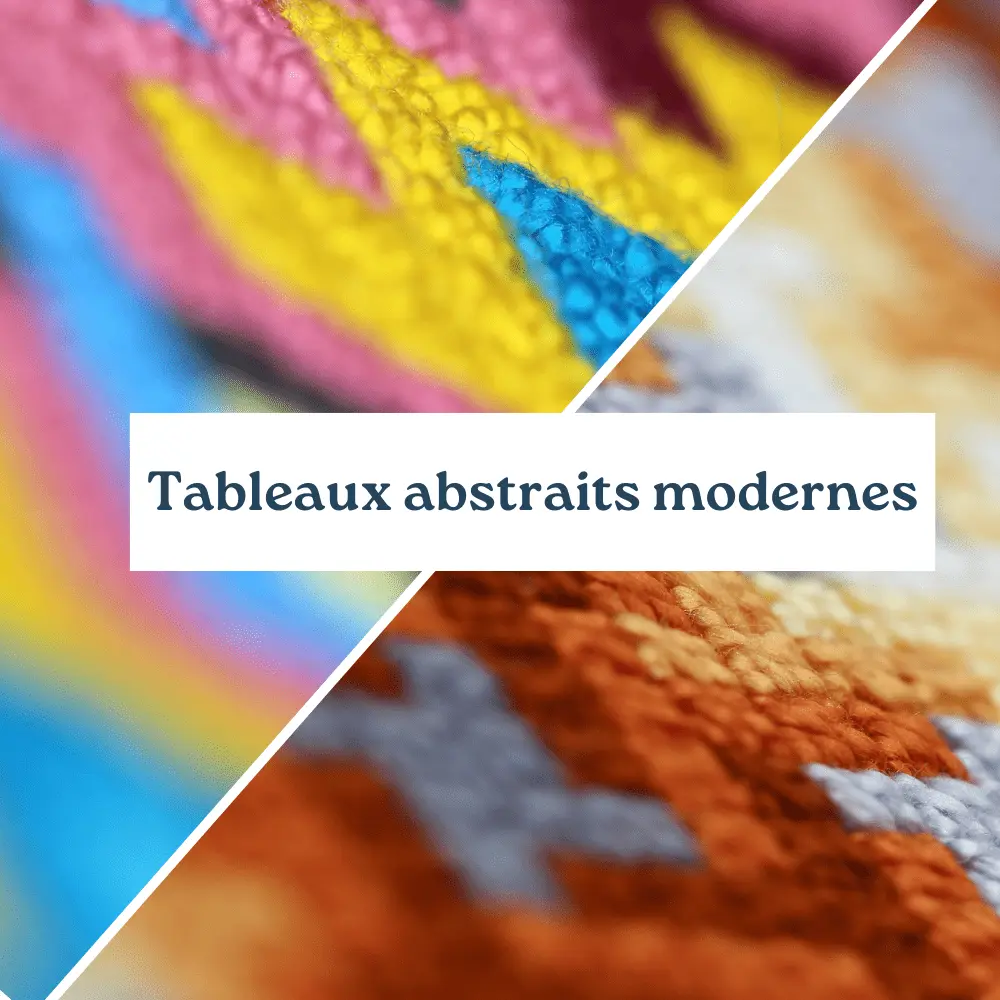 Deux images de tapisserie en diagonale illustrent la catégorie des tableaux abstraits modernes.