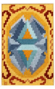 Un icosaèdre régulier ovalisé et de couleur trois tons de bleu-gris repose sur un fond jaune. Des vagues terracotta l'entourent. Le tout forme le tableau Aqua-extra.