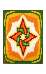 L'entrelacement d'une étoile à quatre branches rouge avec un rectangle vert donne une étoile à huit branches blanche. Le tout sur un fond orange puis jaune puis vert en bordure. L'ensemble forme le tableau Aster.