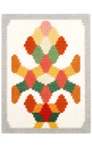 Pavage en losange dynamique. L'arrangement des couleurs rouge, vert jaune et marron sur fond blanc dans un cadre gris crée un tableau contemporain.